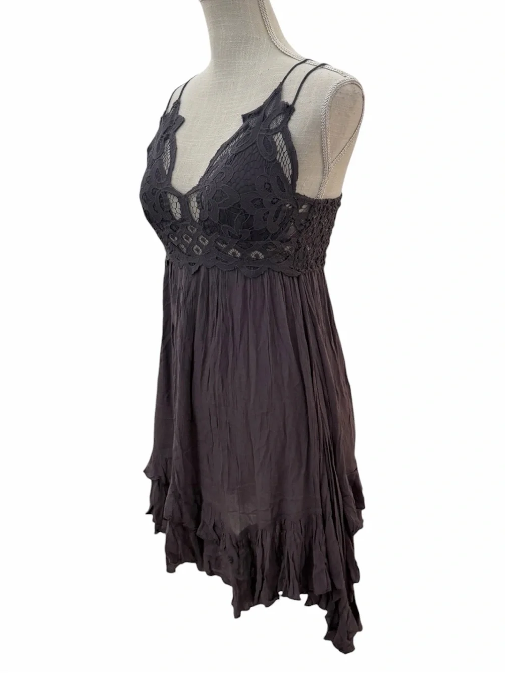 Free People Adella Lace Slip Dress Gray Small Boho Asymmetric Mini - Picture 7 of 12